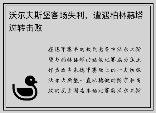沃尔夫斯堡客场失利，遭遇柏林赫塔逆转击败