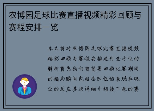 农博园足球比赛直播视频精彩回顾与赛程安排一览